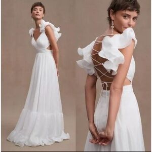 Anthropologie MAC DUGGAL Indy Ruffle Tiered White Chiffon Gown Size 0 Maxi Dress